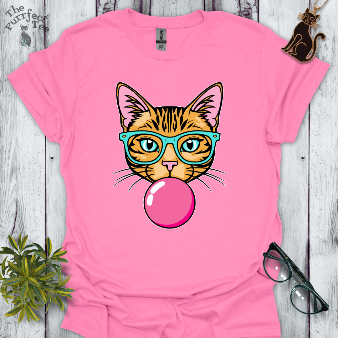 Ginger cat with turquoise glasses and bubble gum