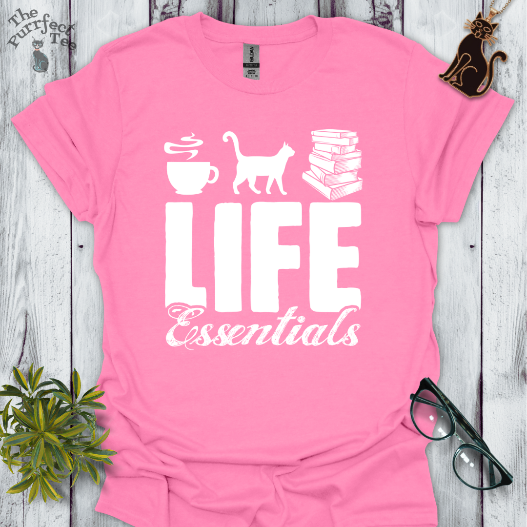 Life essentials coffee, cats, books