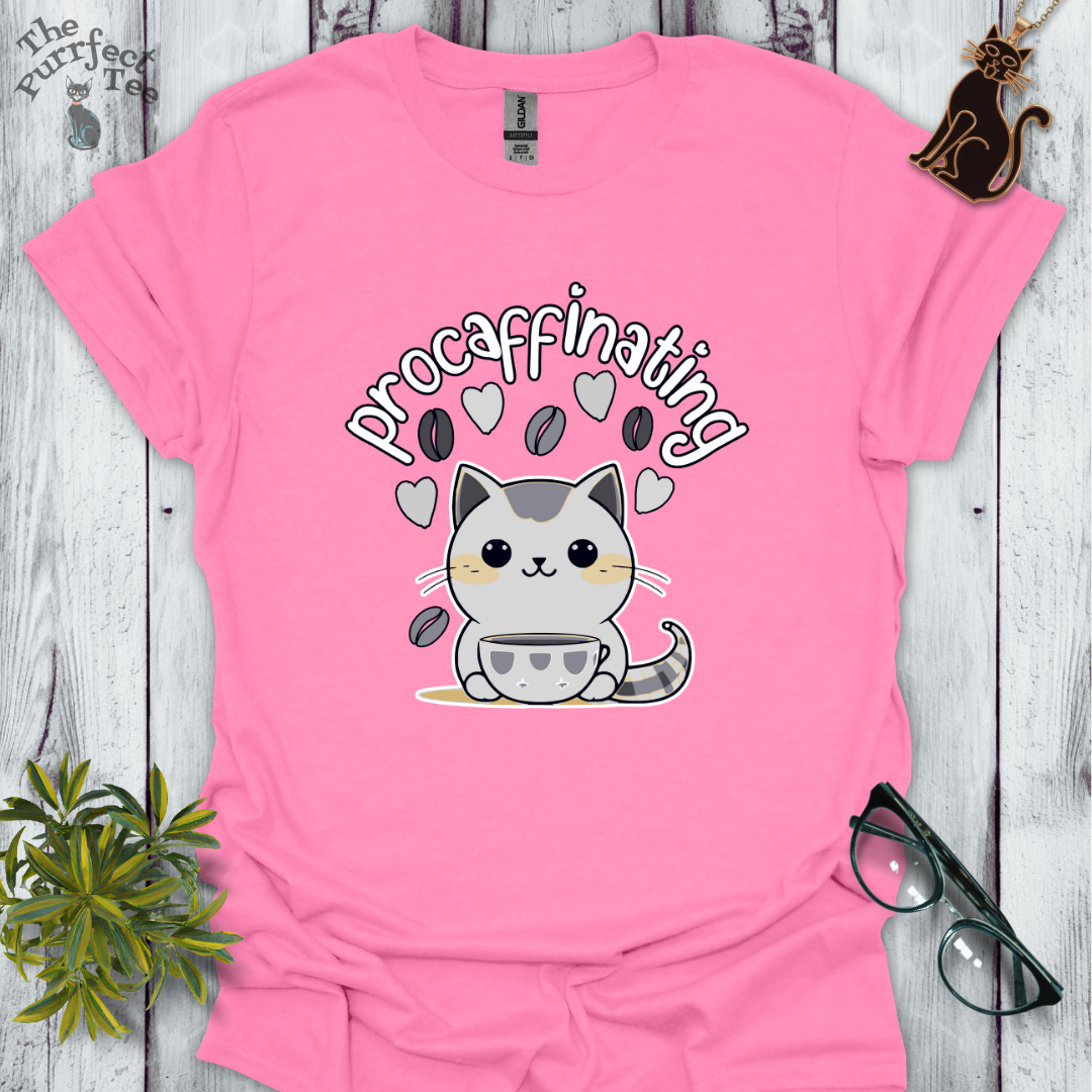 Procaffinating grey cat t-shirt