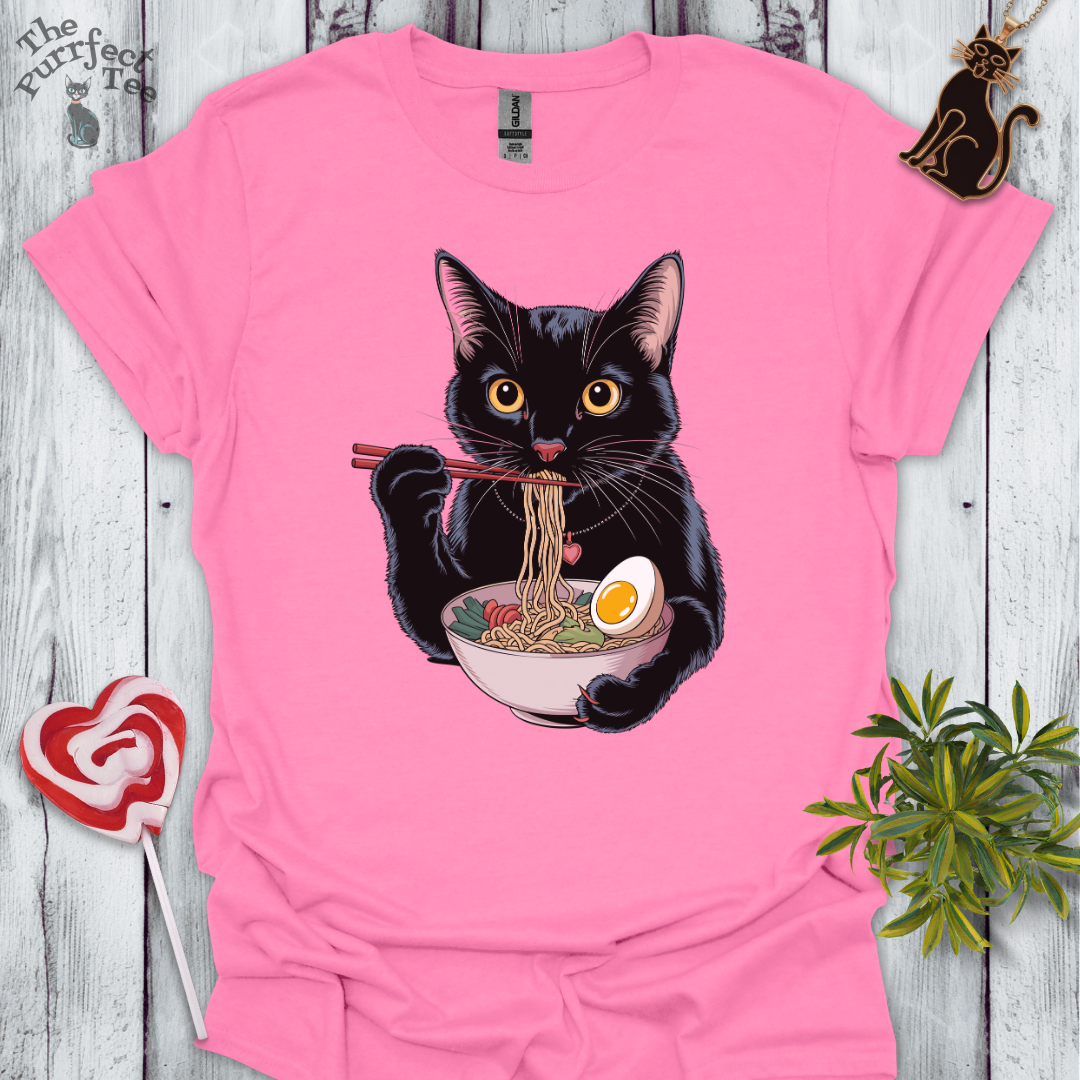 Ramen eating, black cat t-shirt