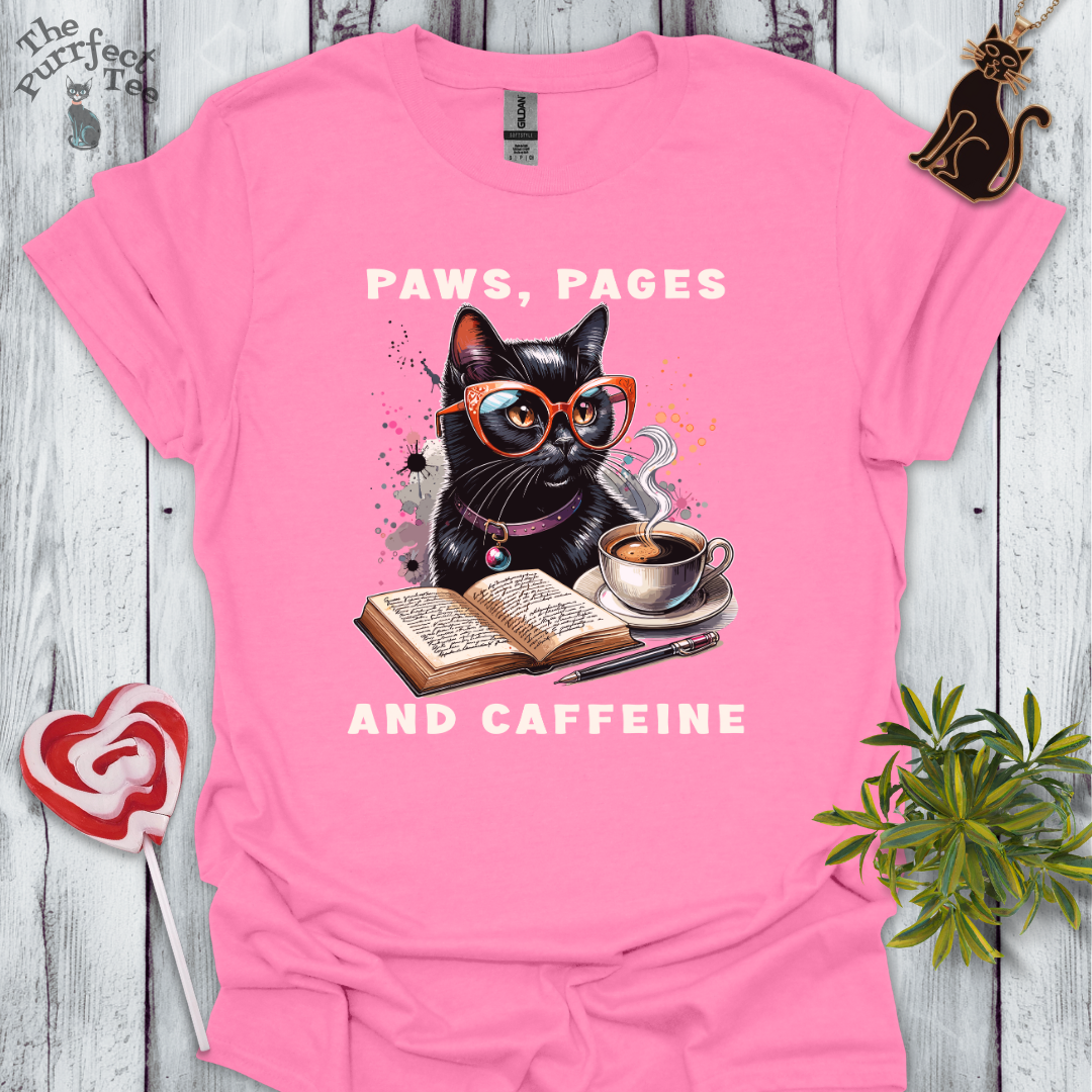 Paws, pages and caffeine t-shirt