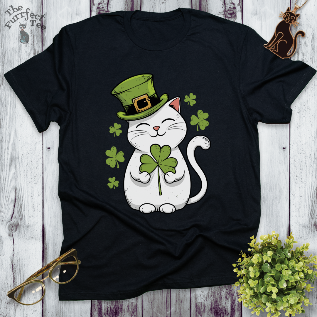 St Patrick's Day white cat t-shirt