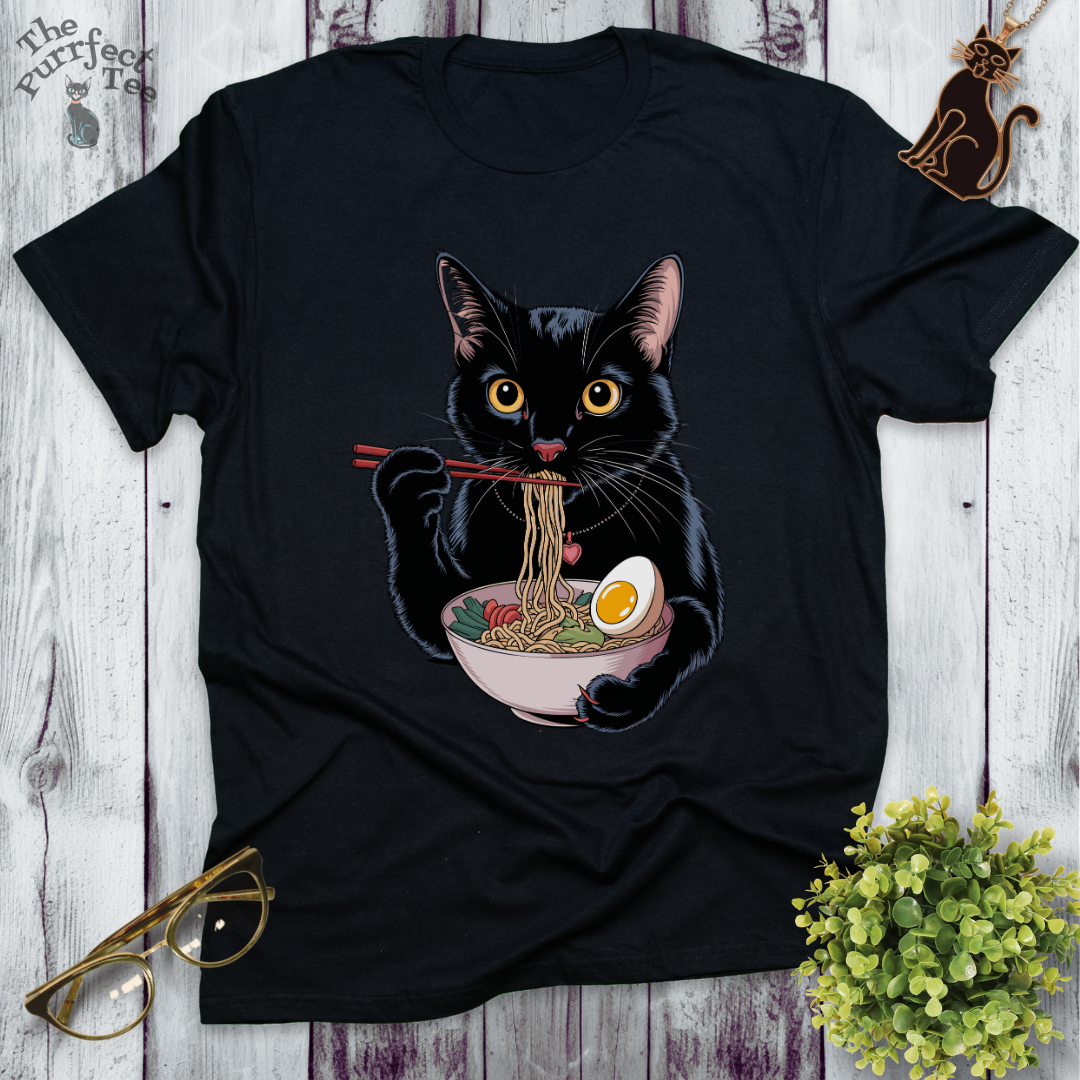 Ramen eating, black cat t-shirt