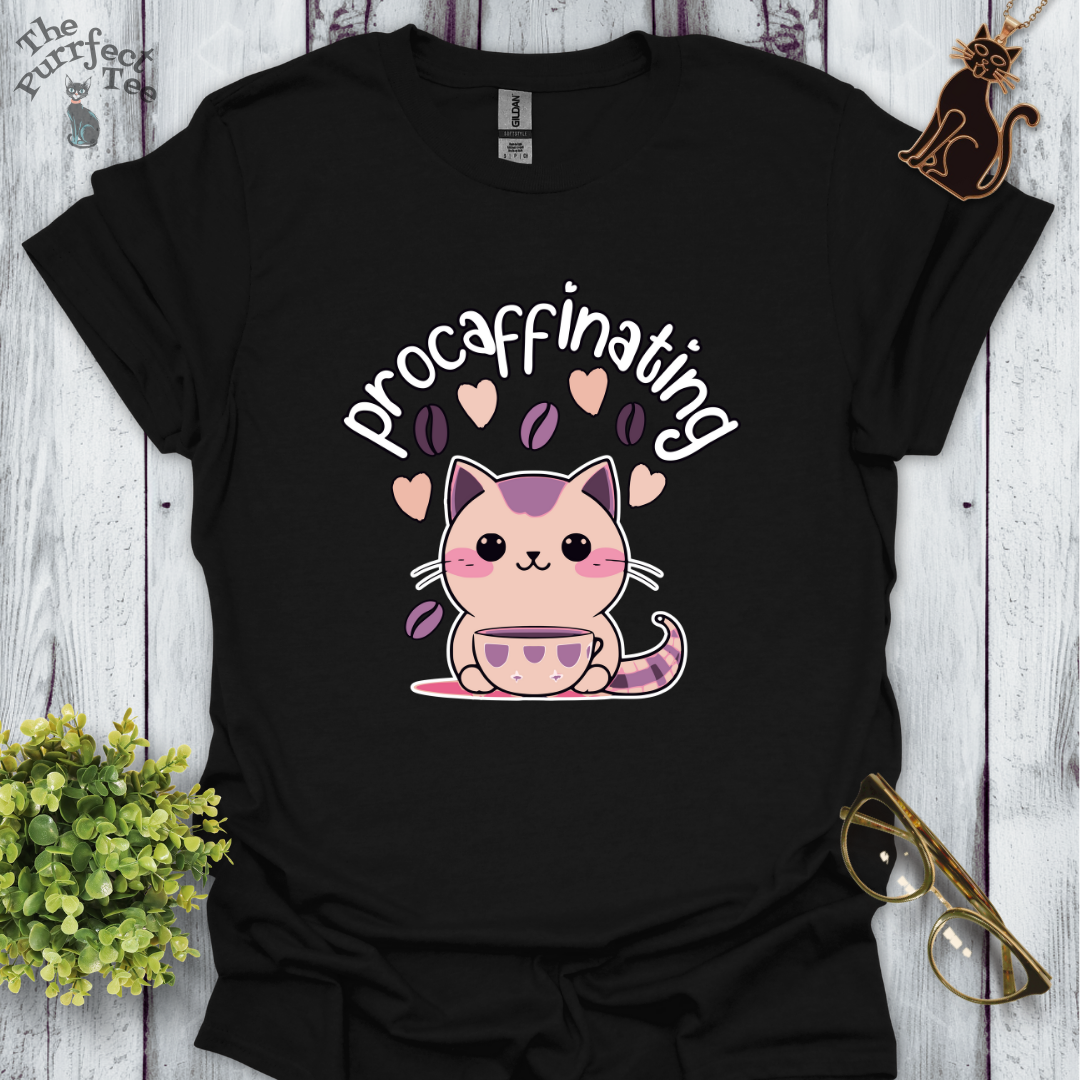 Procaffinating pink cat t-shirt