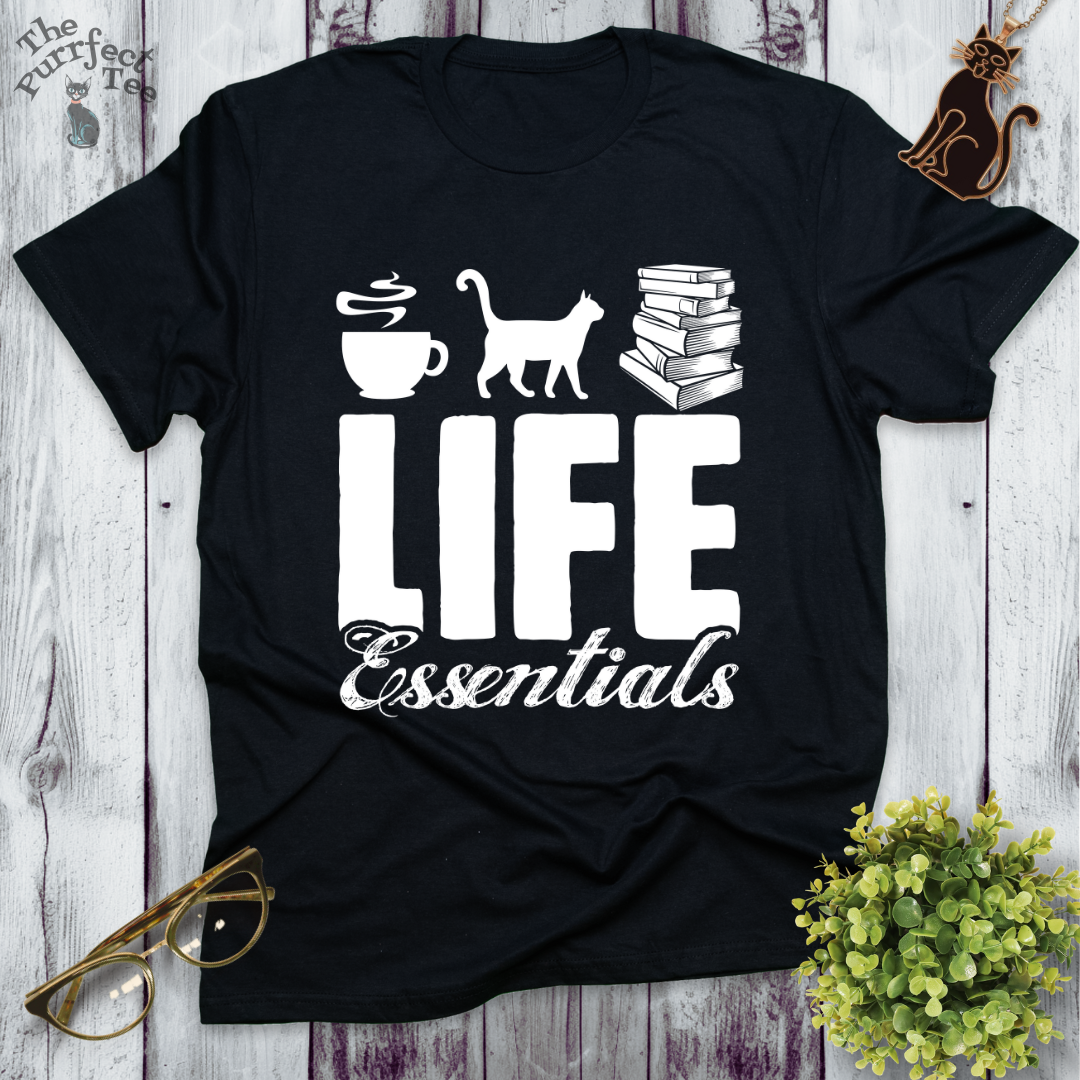 Life essentials coffee, cats, books