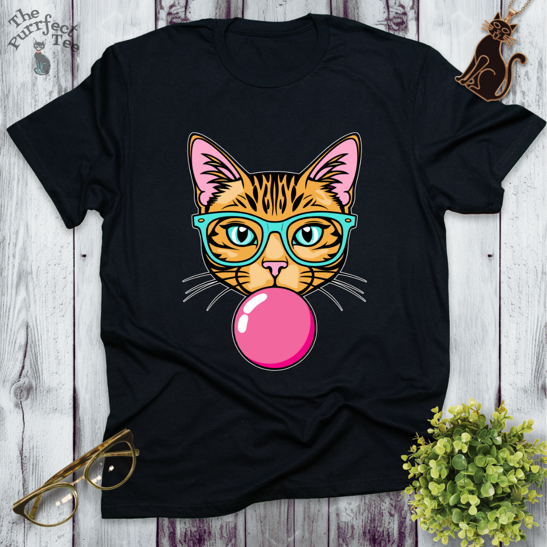 Ginger cat with turquoise glasses and bubble gum