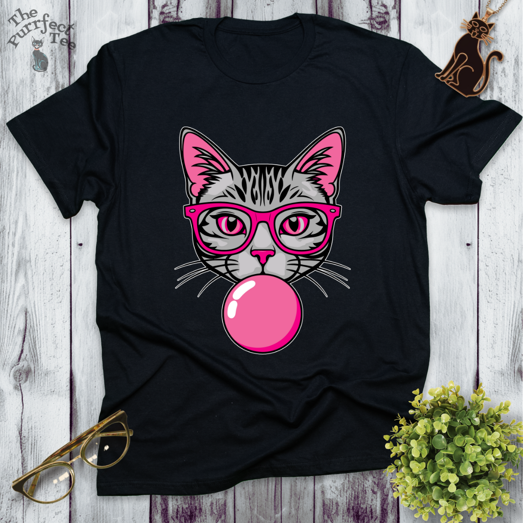 Grey cat with pink glasses and bubble gum