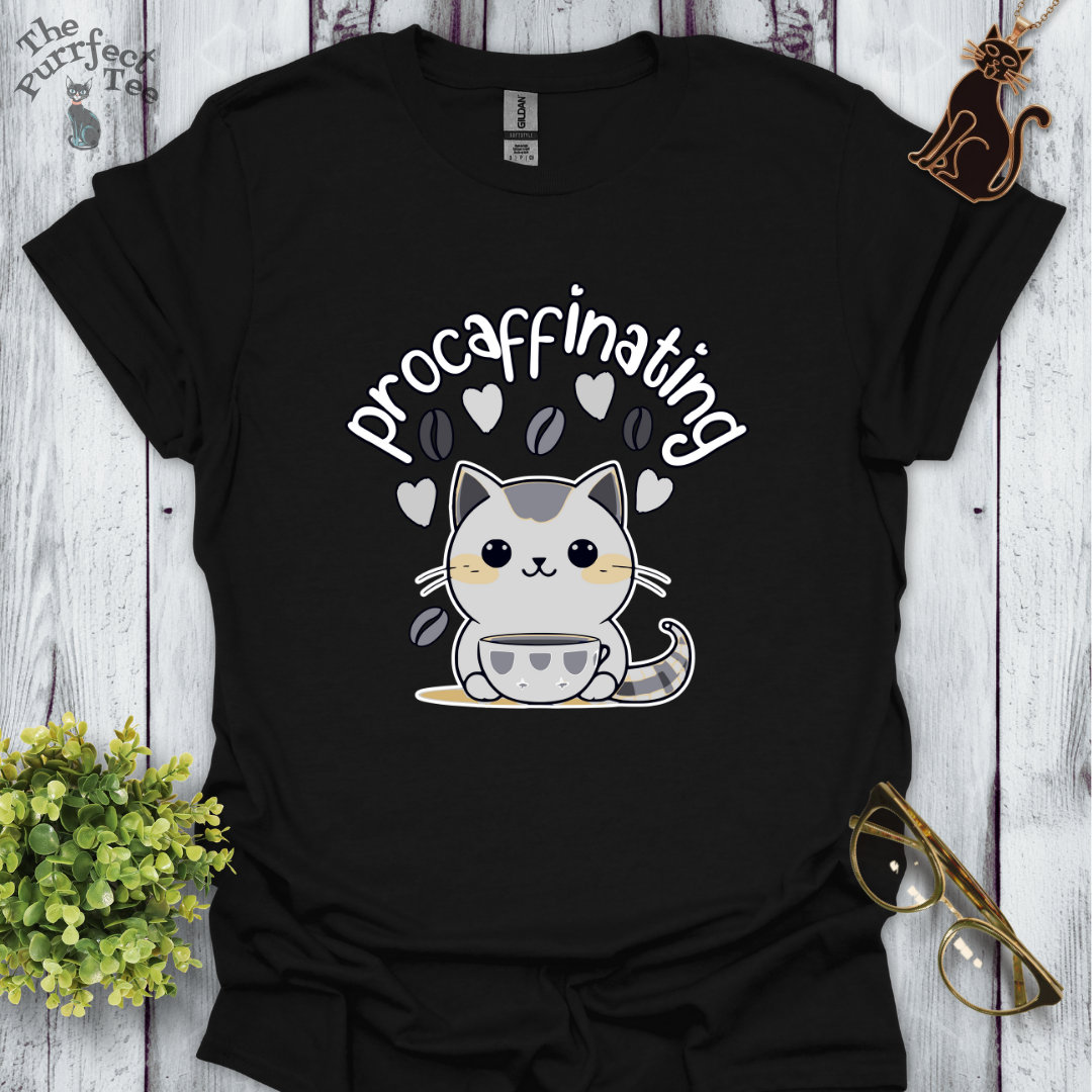 Procaffinating grey cat t-shirt