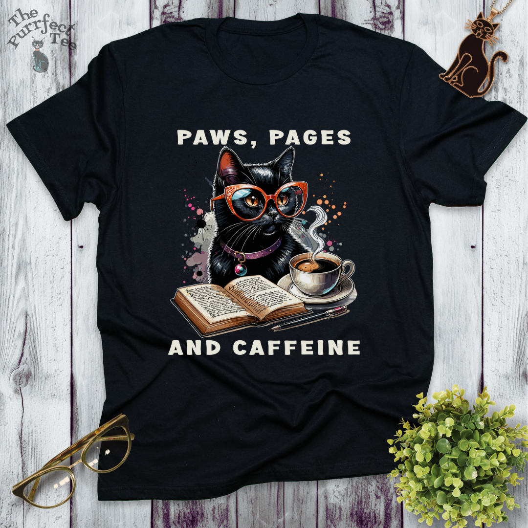 Paws, pages and caffeine t-shirt
