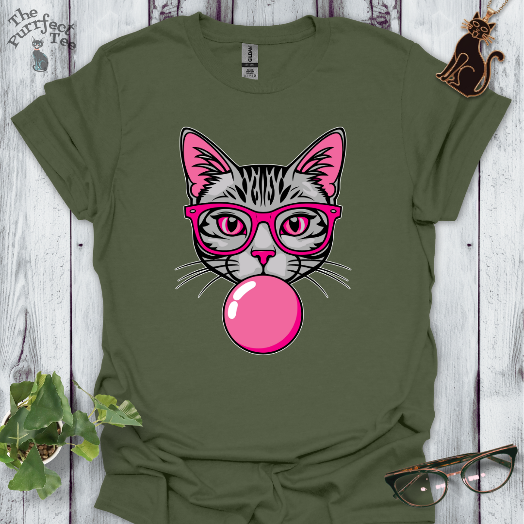 Grey cat with pink glasses and bubble gum