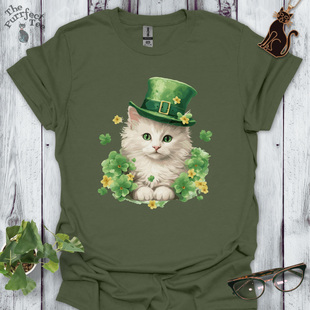 St. Patrick's Day white cat t-shirt