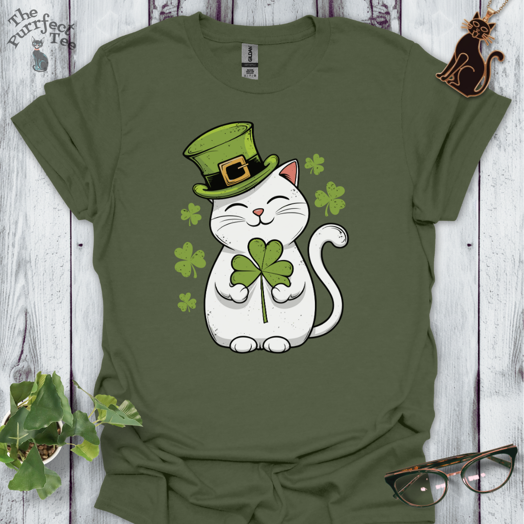 St Patrick's Day white cat t-shirt