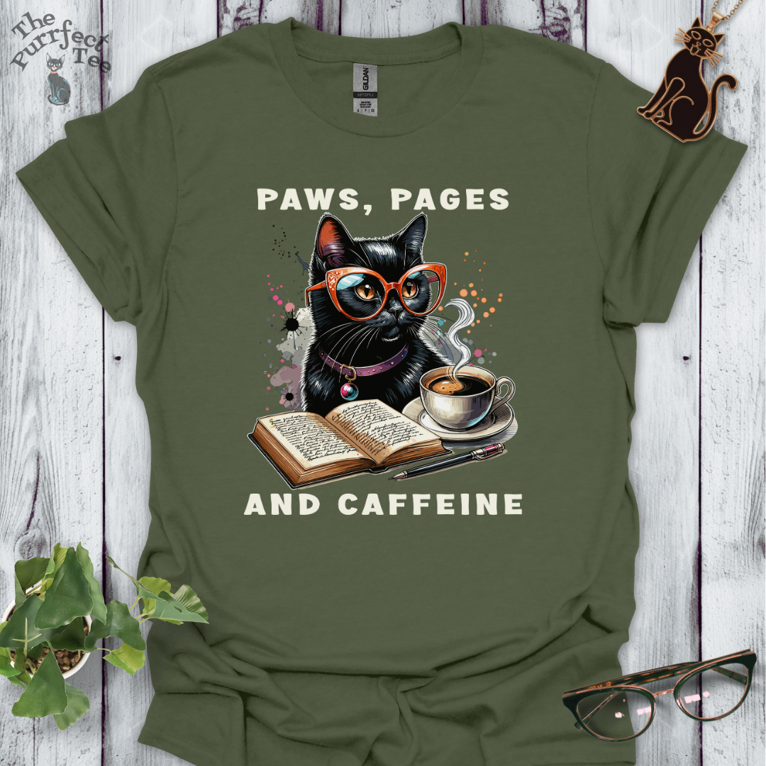 Paws, pages and caffeine t-shirt