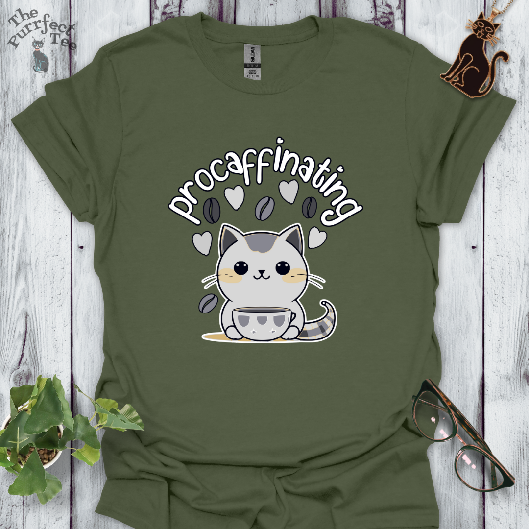 Procaffinating grey cat t-shirt