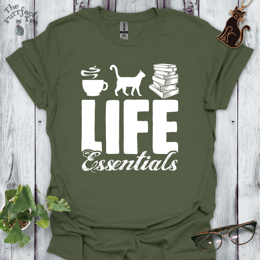 Life essentials coffee, cats, books