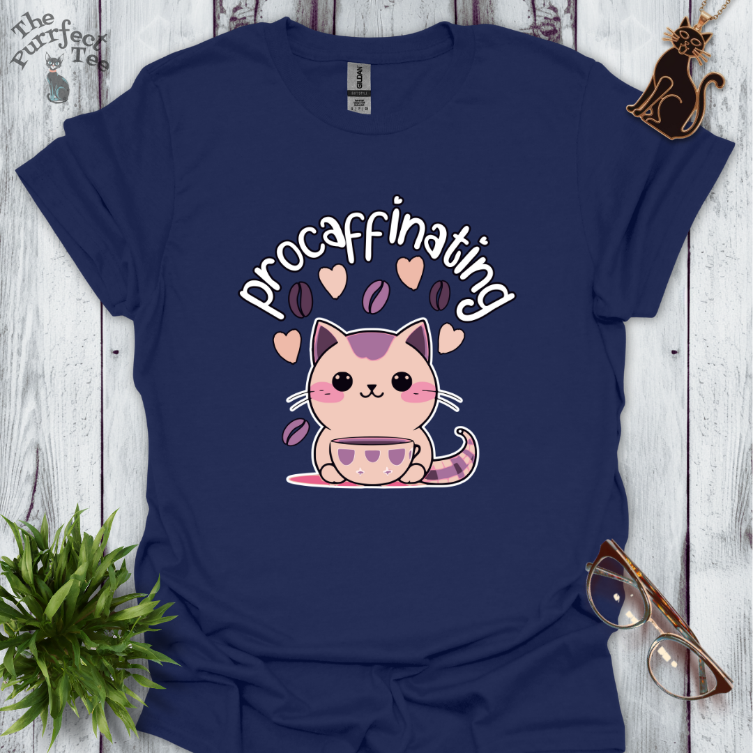 Procaffinating pink cat t-shirt