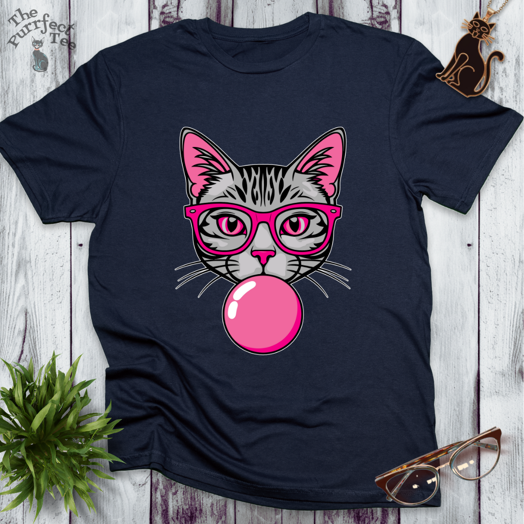 Grey cat with pink glasses and bubble gum