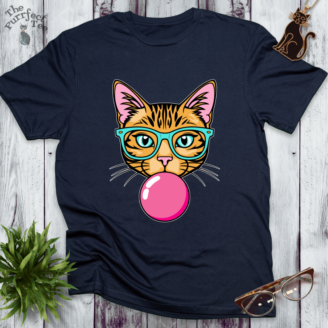 Ginger cat with turquoise glasses and bubble gum