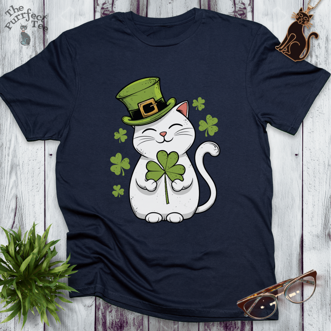 St Patrick's Day white cat t-shirt