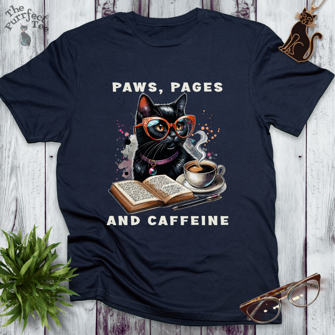 Paws, pages and caffeine t-shirt