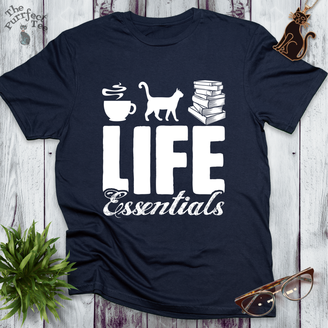 Life essentials coffee, cats, books