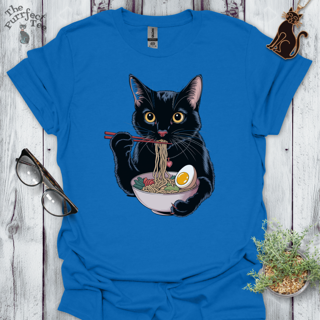Ramen eating, black cat t-shirt