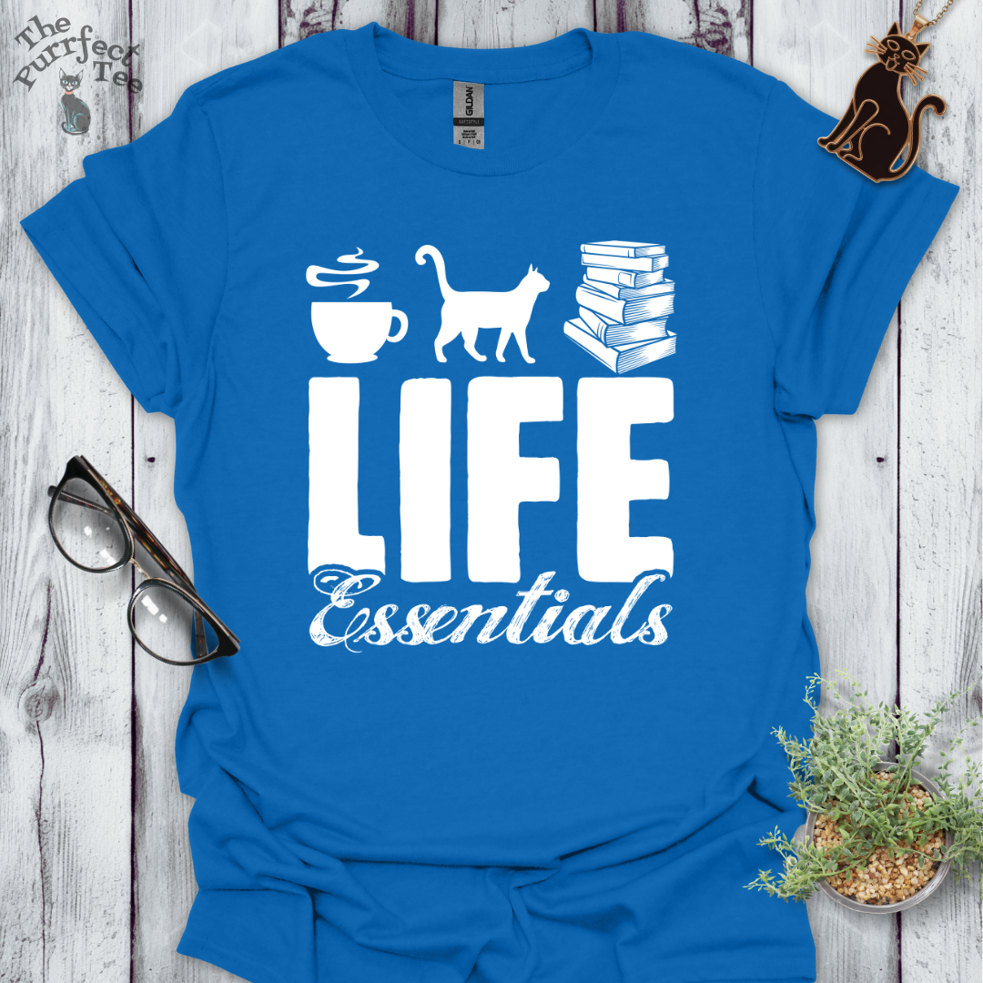 Life essentials coffee, cats, books