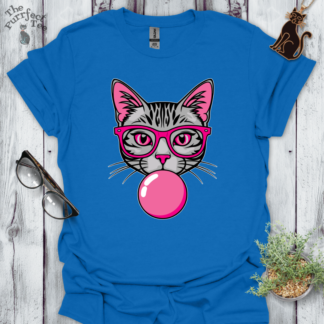 Grey cat with pink glasses and bubble gum