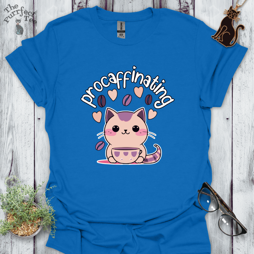 Procaffinating pink cat t-shirt