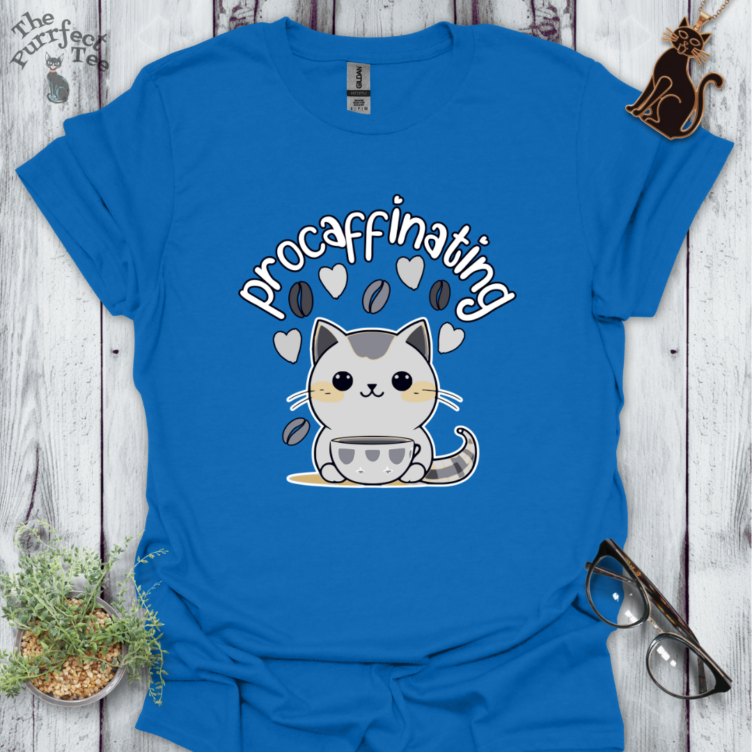 Procaffinating grey cat t-shirt