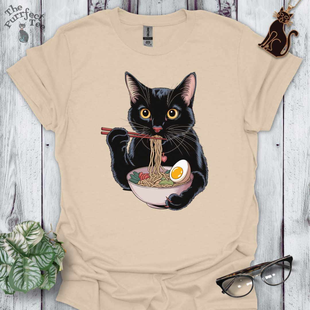 Ramen eating, black cat t-shirt