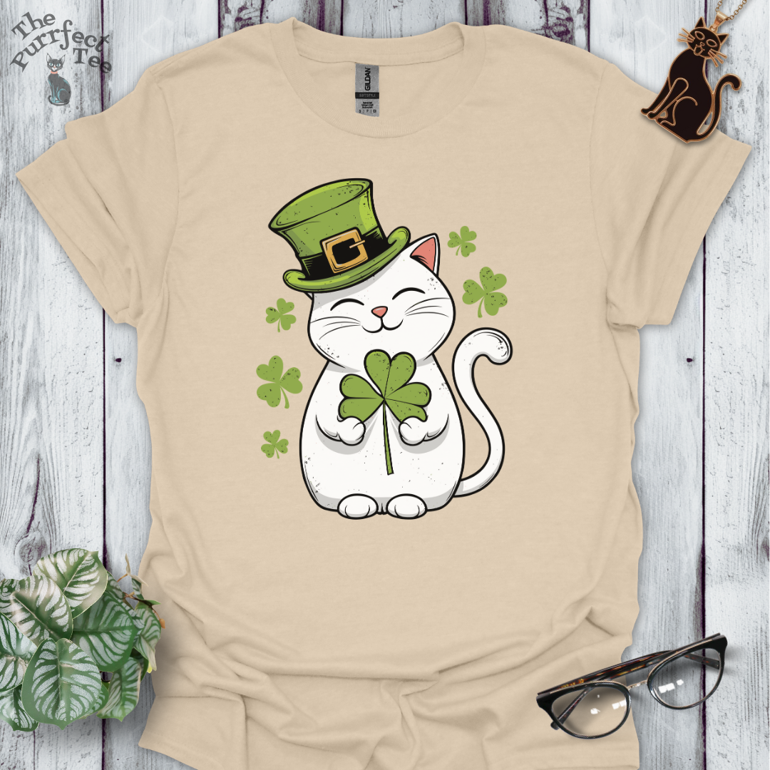 St Patrick's Day white cat t-shirt