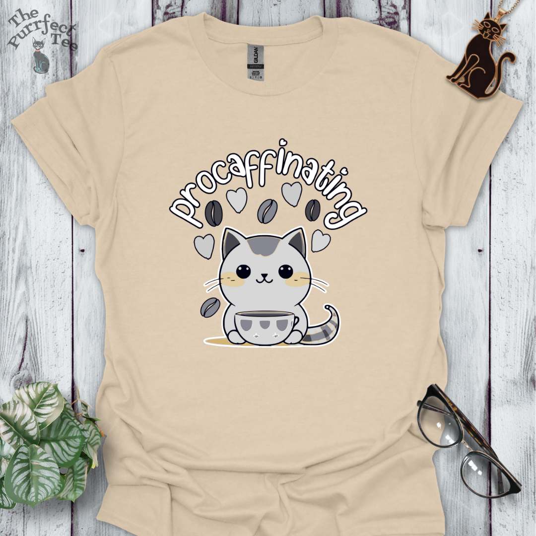 Procaffinating grey cat t-shirt