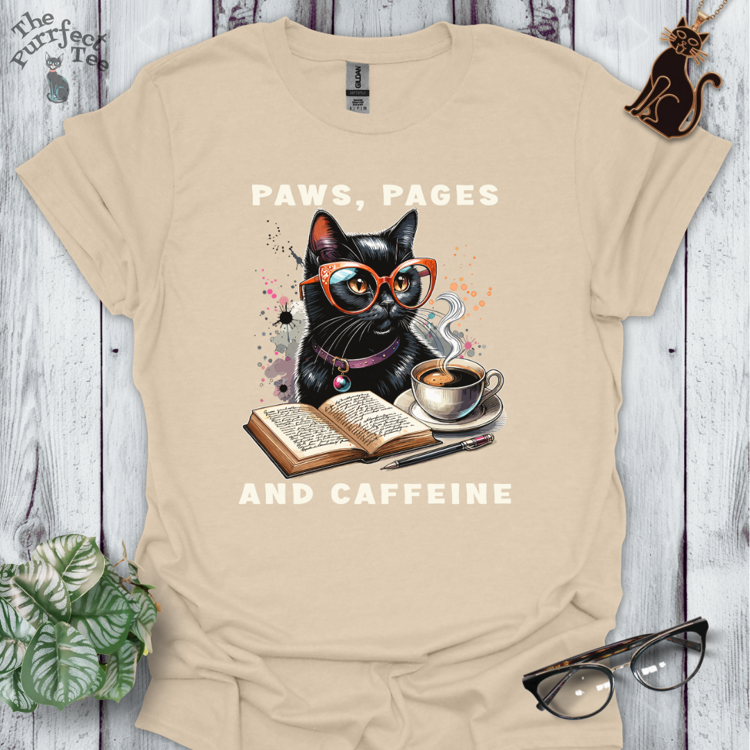 Paws, pages and caffeine t-shirt