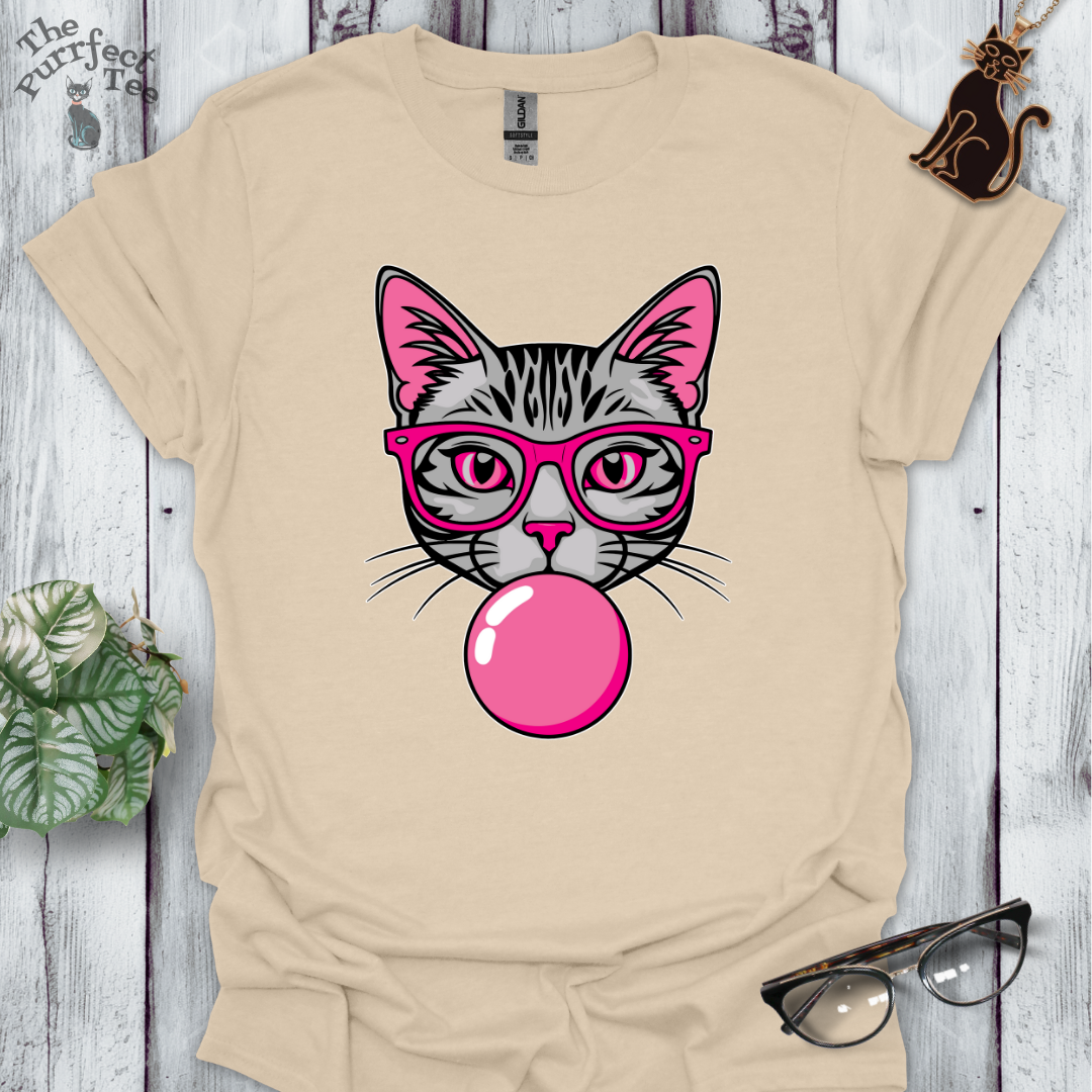 Grey cat with pink glasses and bubble gum