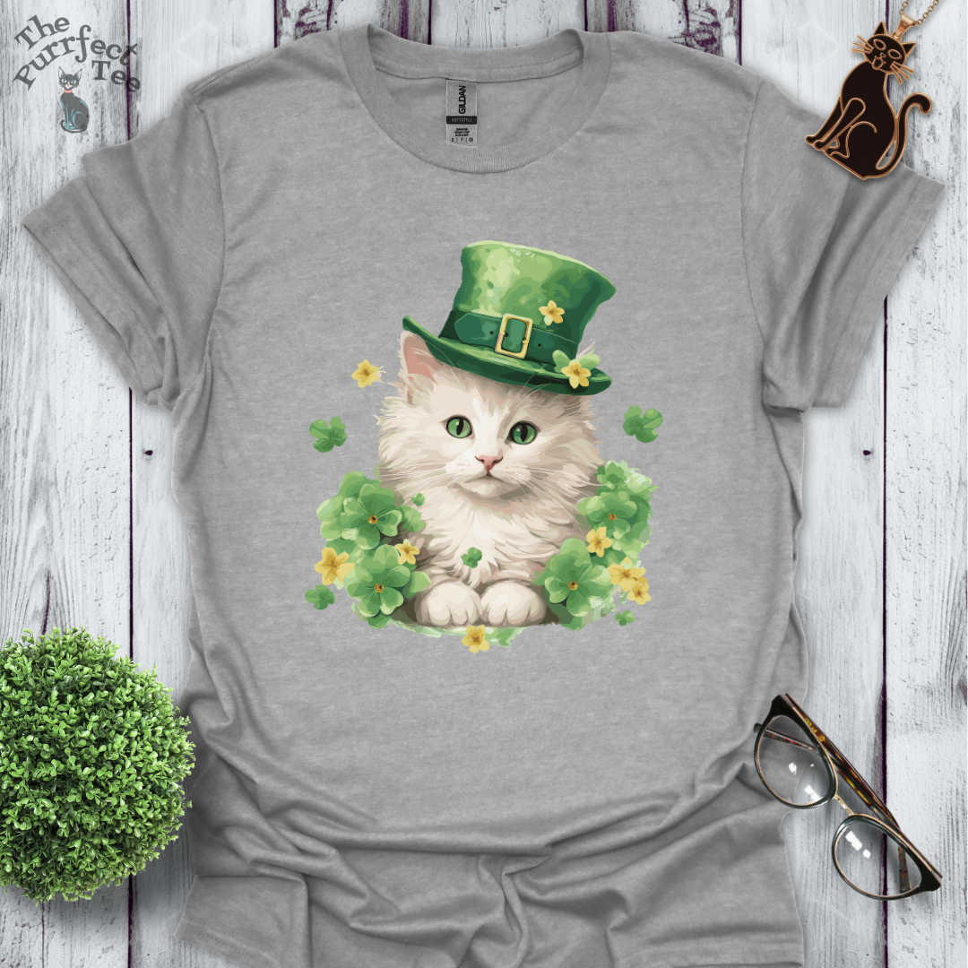 St. Patrick's Day white cat t-shirt