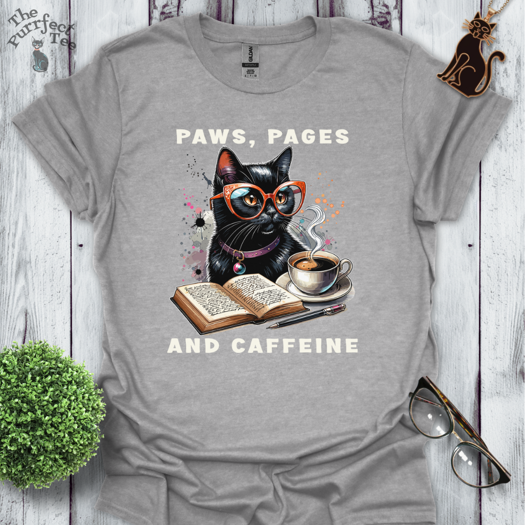 Paws, pages and caffeine t-shirt