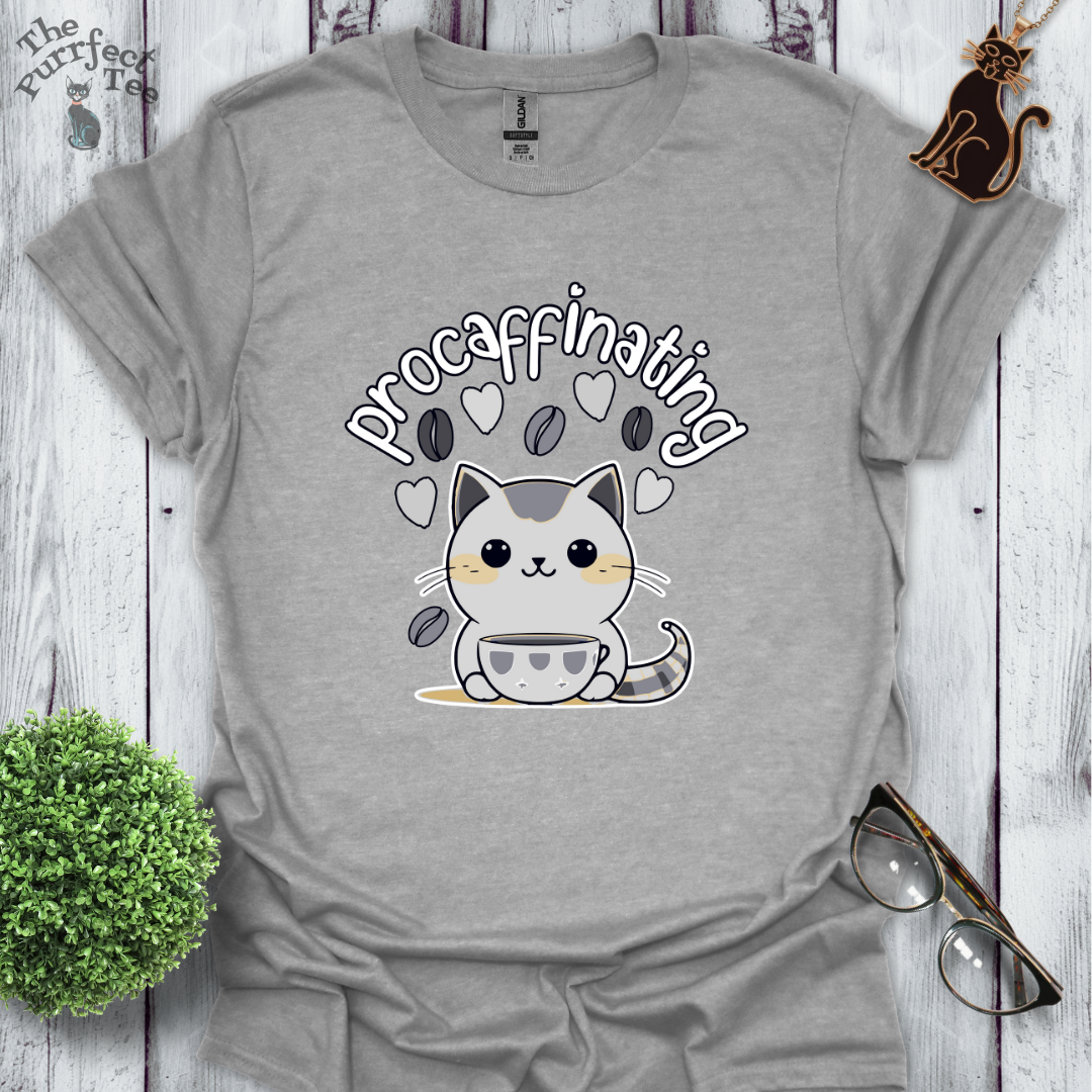Procaffinating grey cat t-shirt