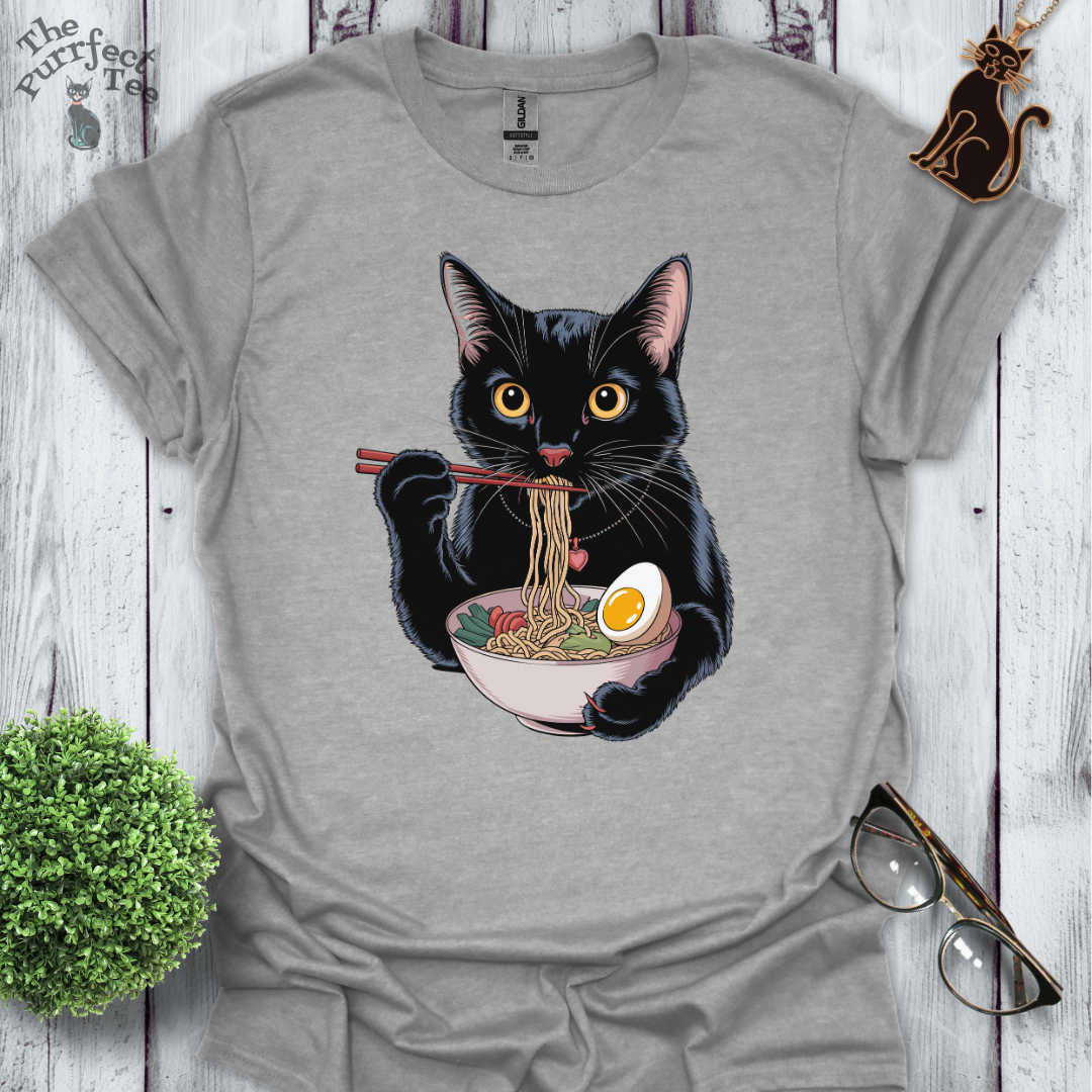 Ramen eating, black cat t-shirt