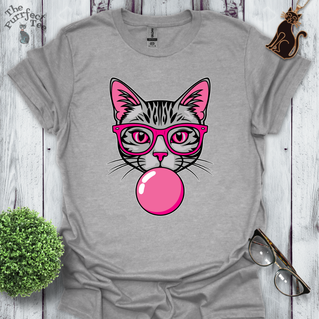 Grey cat with pink glasses and bubble gum