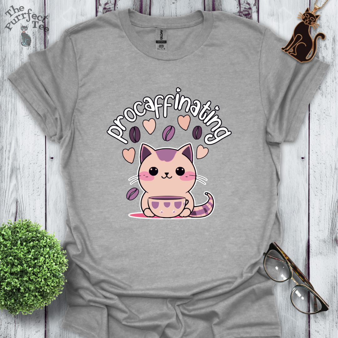 Procaffinating pink cat t-shirt