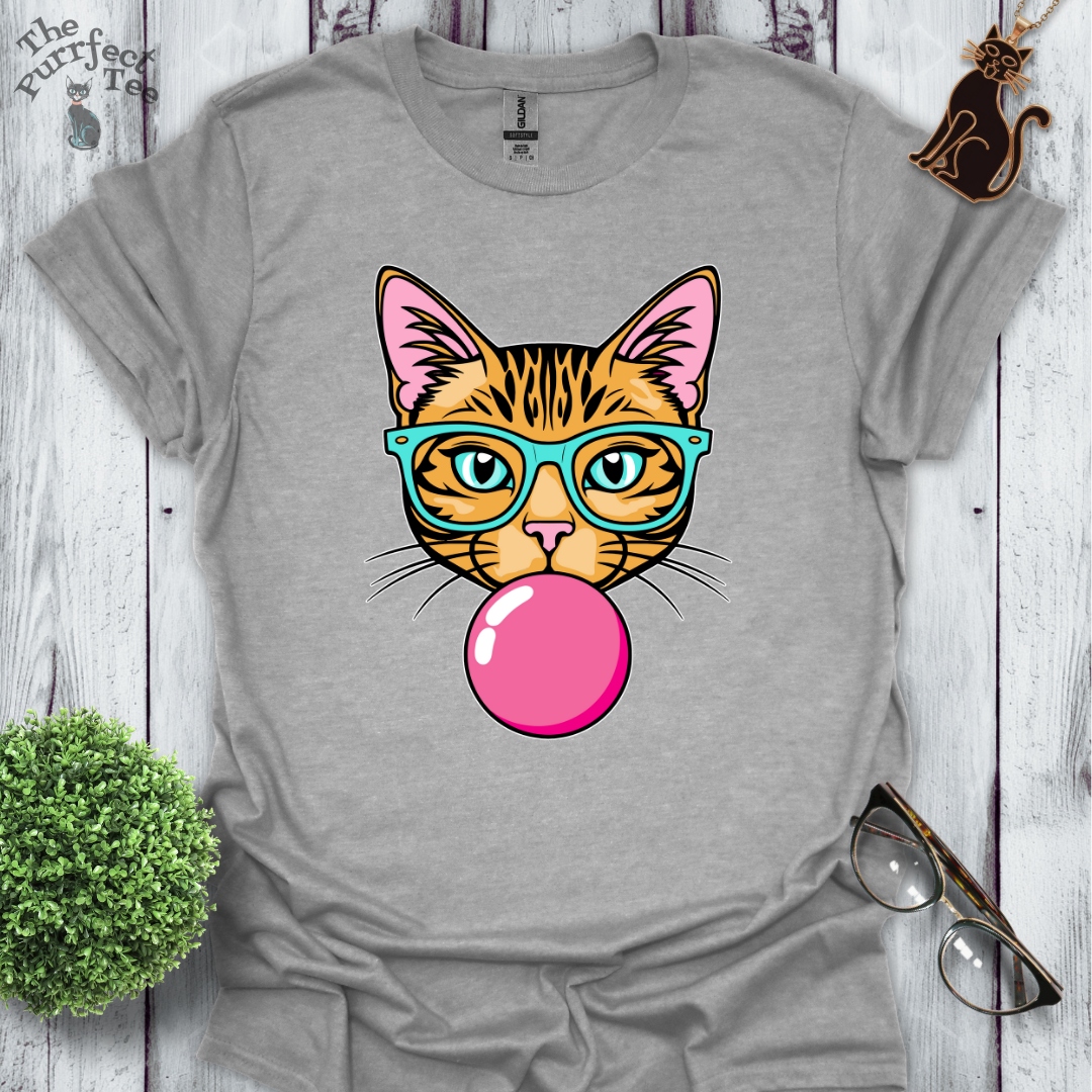 Ginger cat with turquoise glasses and bubble gum