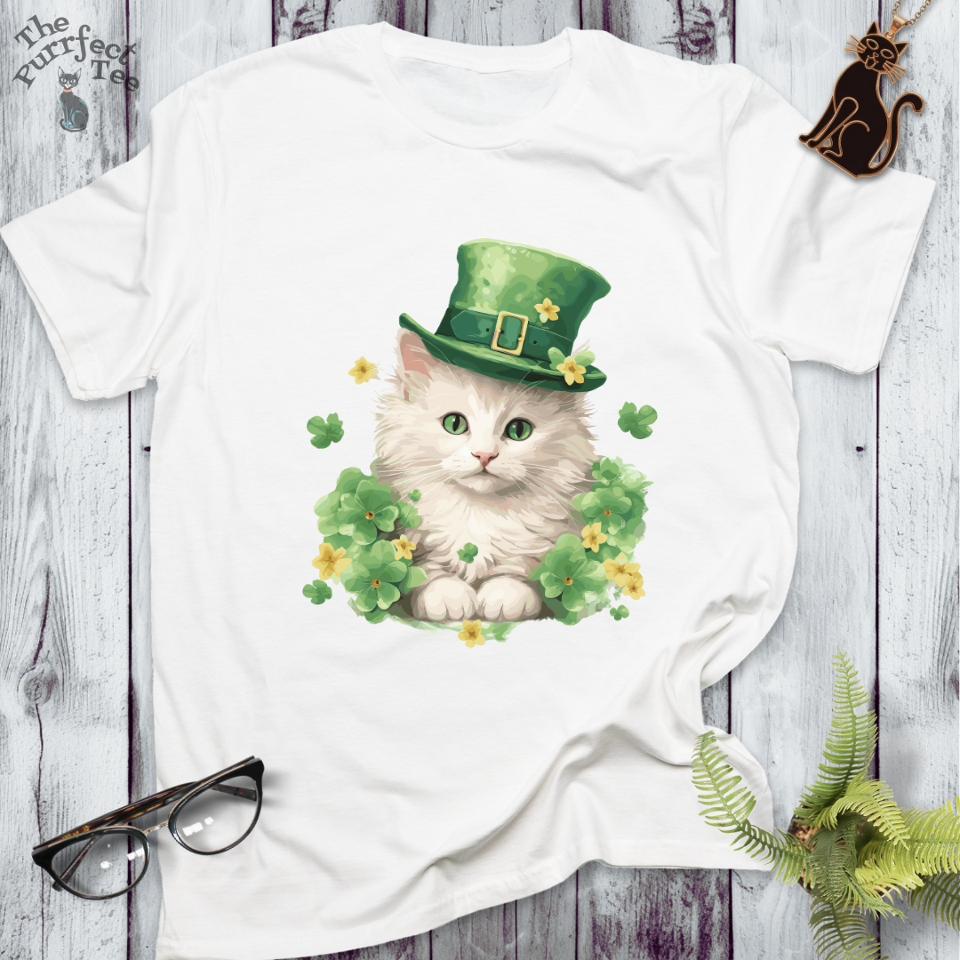 St. Patrick's Day white cat t-shirt