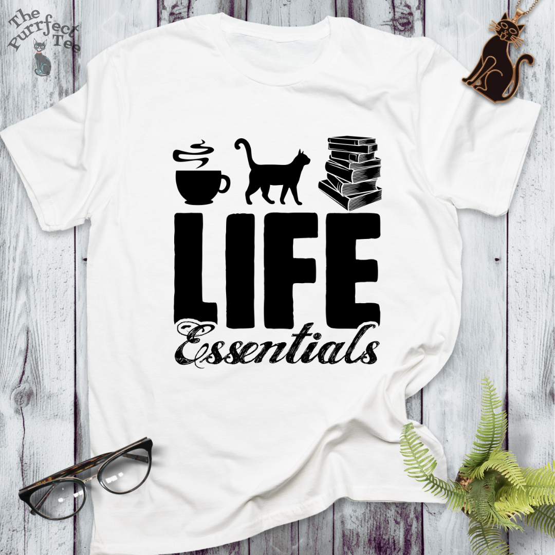 Life essentials coffee, cats, books
