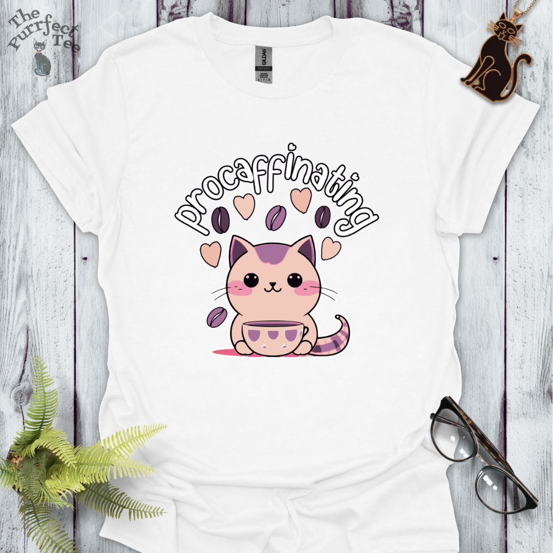 Procaffinating pink cat t-shirt