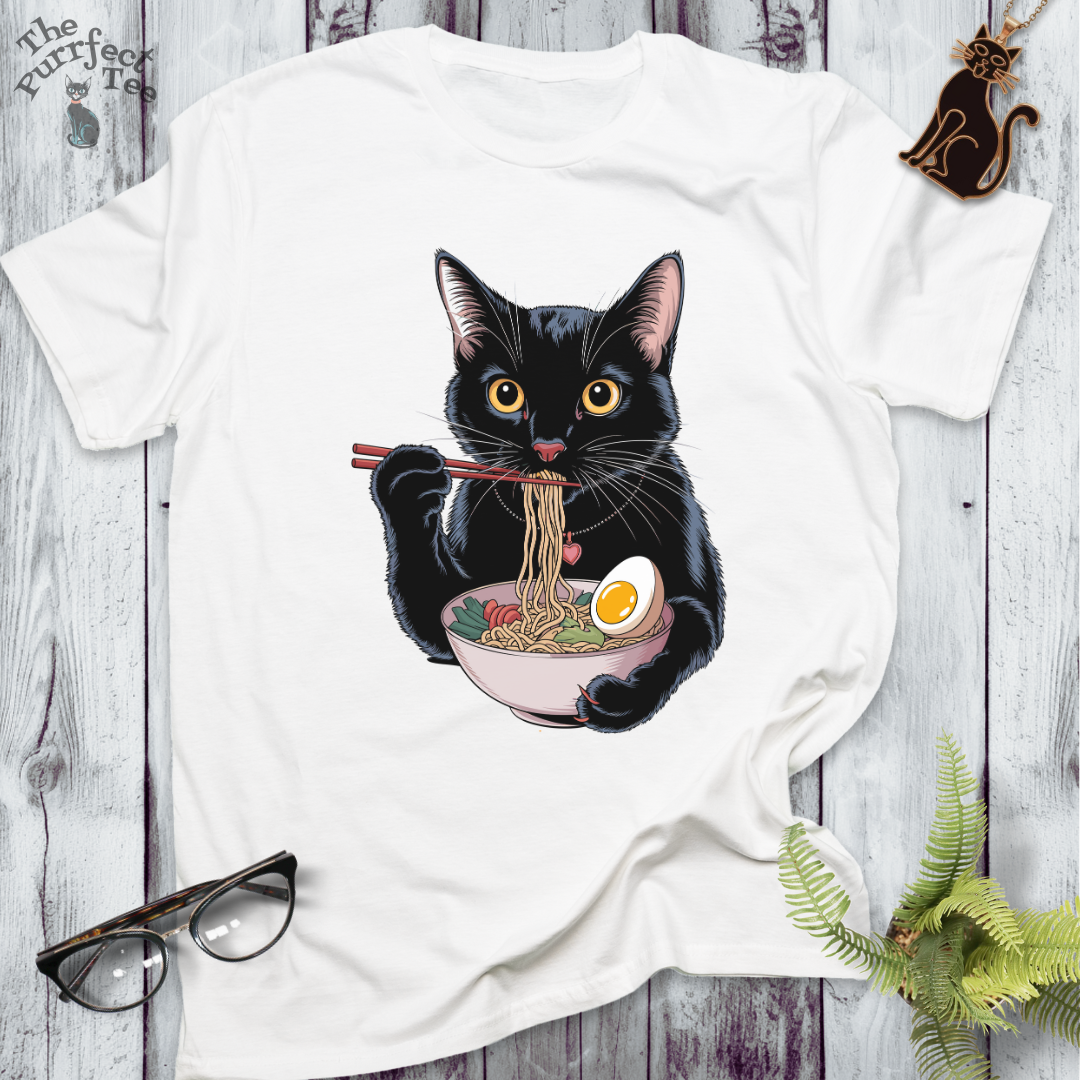 Ramen eating, black cat t-shirt