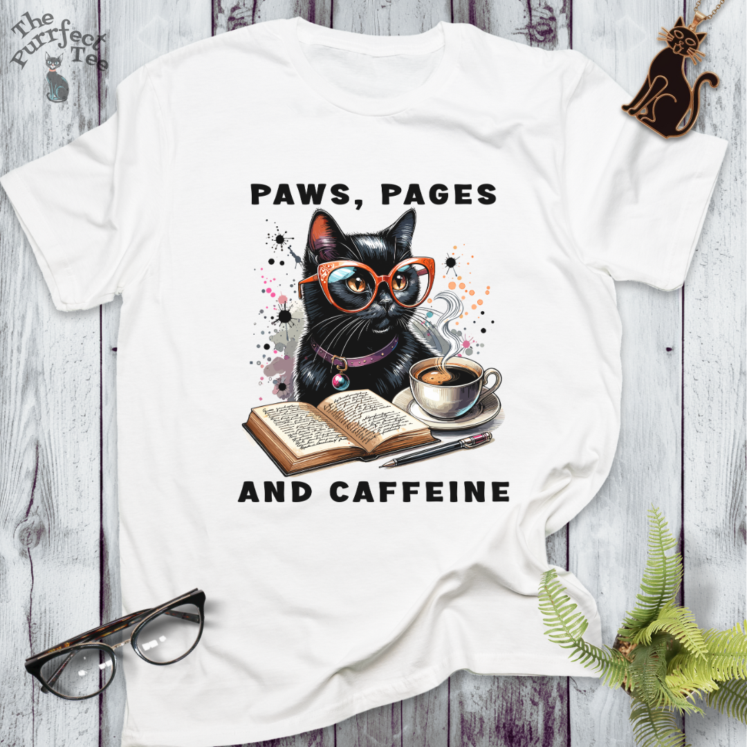 Paws, pages and caffeine t-shirt