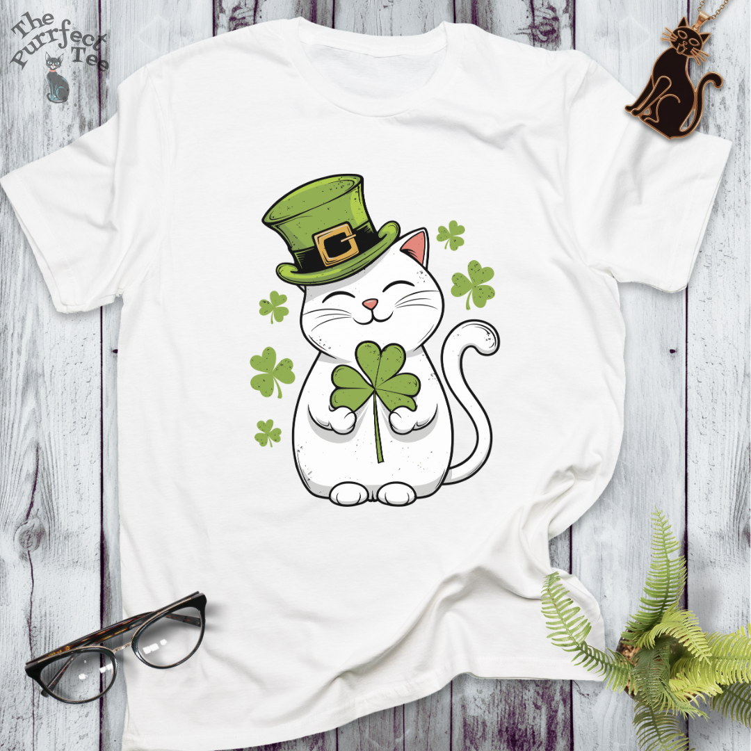 St Patrick's Day white cat t-shirt