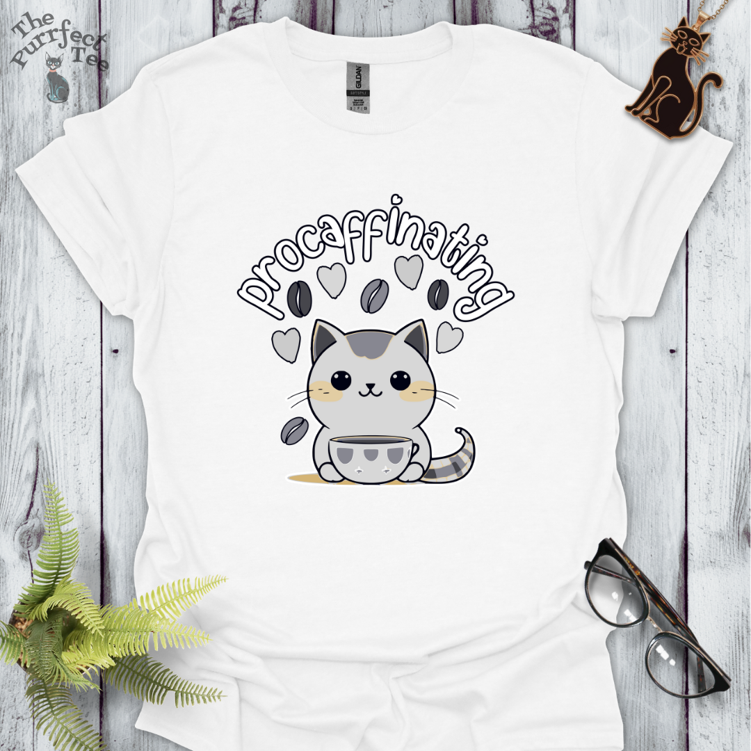 Procaffinating grey cat t-shirt