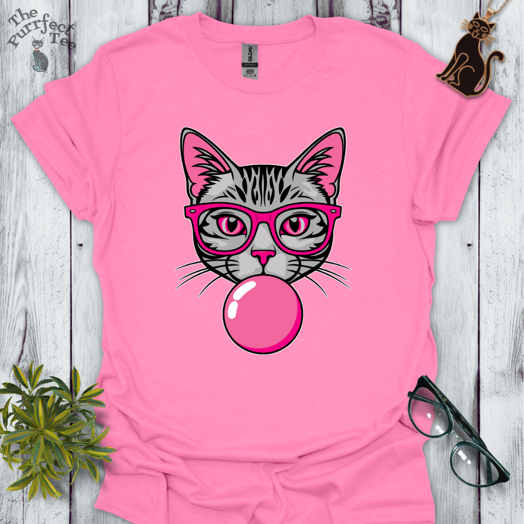Grey cat with pink glasses and bubble gum